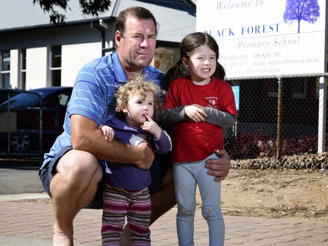 Steven Hann with his two daughters Ruby and Matilda at Black Forest Primary School, Black Forest. Picture: Bianca De Marchi