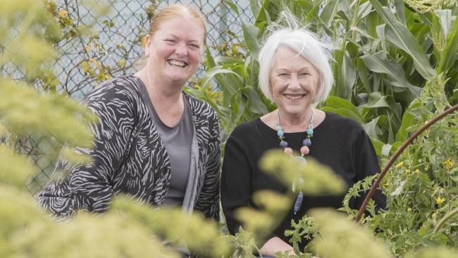 Kangaroo Island Community Centre co-ordinator Maree Baldwin in the community garden at Kingscote with volunteer Anne Hamlyn. Picture: Simon Cross