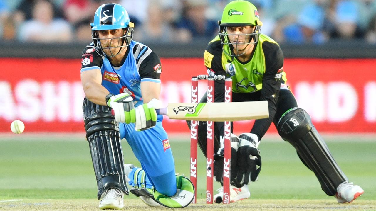 Adelaide Strikers Jake Lehmann bats against the Sydney Thunder in the Big Bash League at Adelaide Oval