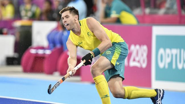 Edward Ockenden of Australia passes the ball during the Commonwealth Games hockey event. (Photo by Nigel Owen/Action Plus via Getty Images)