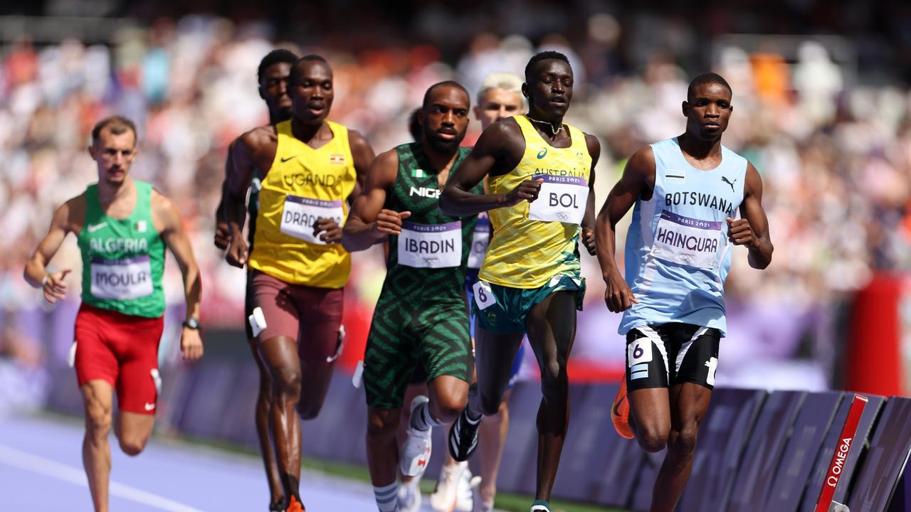 Peter Bol (second from right) races in the 800m repechage round.