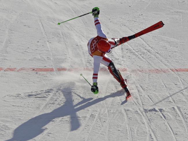 Gold medalist Marcel Hirscher, from Austria, crosses the finish line of the men’s combined at the 2018 Winter Olympics in Jeongseon, South Korea, Tuesday, Feb. 13, 2018. Picture: AP
