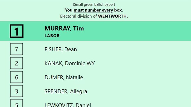 Labor candidate for Wentworth Tim Murray’s how to vote card.