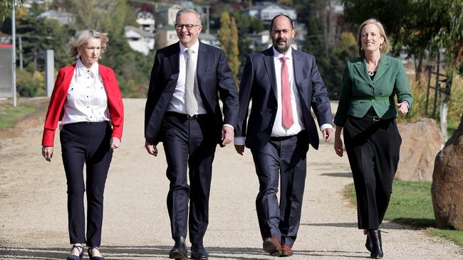 Labor leader Anthony Albanese with L-R Senator Helen Polley (red) Labor candidate for Bass, Ross Hart and Shadow Finance Minister Katy Gallagher. Picture: Toby Zerna