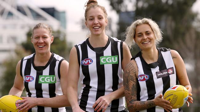 Moana Hope (right) with Collingwood AFLW teammates Meg Hutchins (left) and Emma King (centre). Picture: Wayne Ludbey