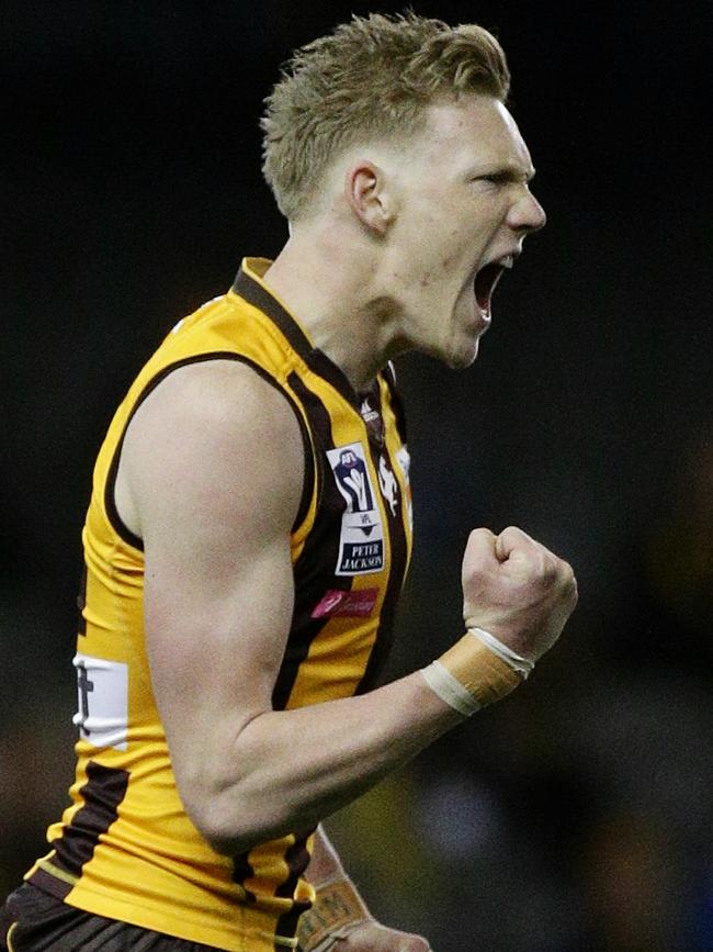 Sicily celebrates a goal for Box Hill during the 2015 VFL Grand Final. Picture: George Salpigtidis