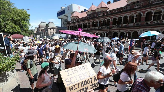 The Freedom Rally in the Brisbane CBD on Saturday. Picture: Annette Dew