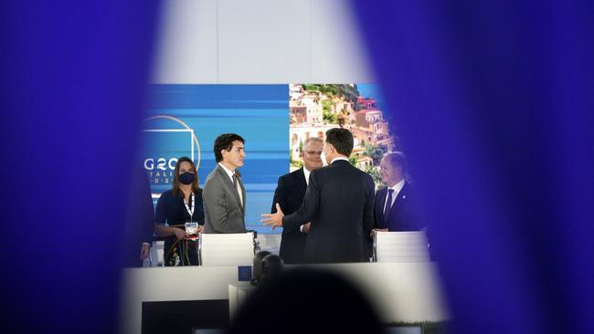 Scott Morrison speaks with Canadian PM Justin Trudeau at the Supply Chain Resilience Global summit at the G20 in Rome last month. Picture: Adam Taylor