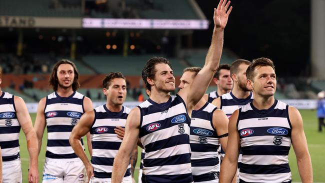 Isaac Smith and his teammates savour their win on the road. Picture: AFL Photos via Getty Images