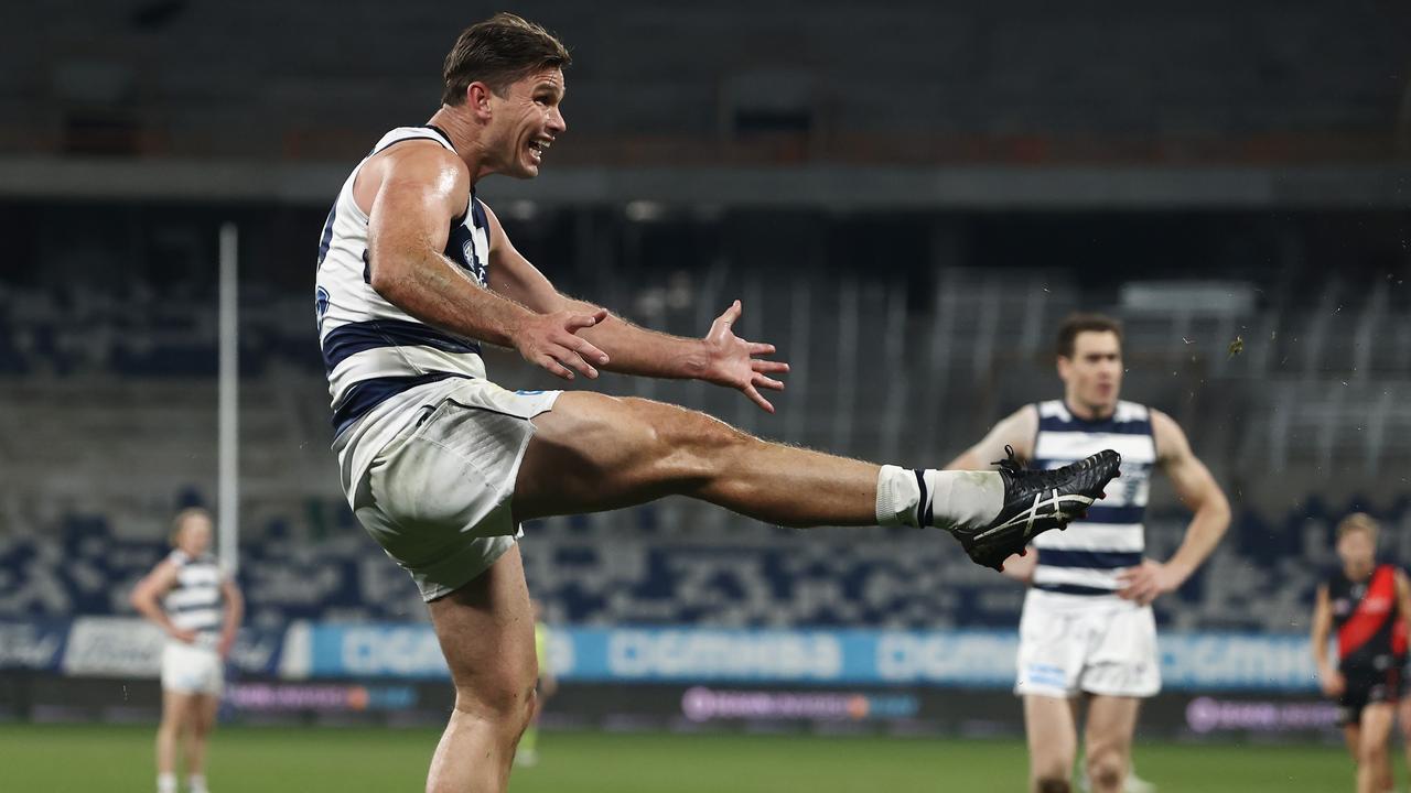 Tom Hawkins nails one of his five goals. Picture: Michael Klein