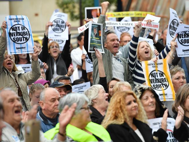 Locals gather to protest against the building of a youth justice centre in Werribee. Picture: Jake Nowakowski