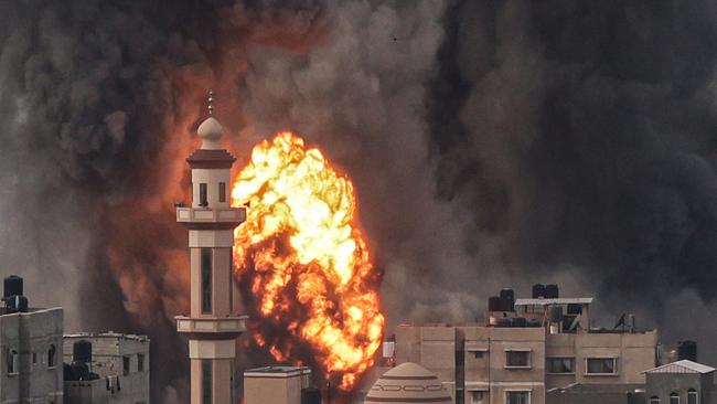 A fireball erupts after Israeli strike over Rafah in the southern Gaza Strip. Picture: AFP