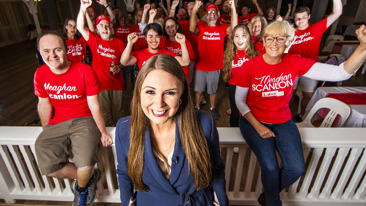 Member for Gaven Meaghan Scanlon at her election party with her brother Callum (left) and mum Margaret (right) with volunteers at Country Paradise Parklands in Nerang. Picture: NIGEL HALLETT