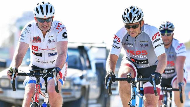 Former prime minister Tony Abbott (right) with Andrew Wallace MP (left) riding on the Nicklin Way for the annual Pollie Pedal. is back in lycra and on his bike for the annual Pollie Pedal charity bike ride for military personnel. Pictured on the Nicklin Way, Sunshine Coast with Andrew Wallace MP (left). Picture: Patrick Woods