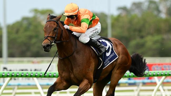 Nikita Beriman scoots home on Shalaa's Moment to win the Swiss Ace Plate for trainer Matt Hoysted. Picture: Grant Peters - Trackside Photography