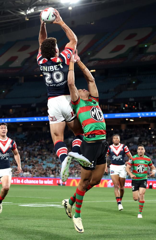 Mark Nawaqanitawase leaps high to score for the Roosters when making his NRL debut in round 27 of 2024. Picture: Matt King/Getty Images