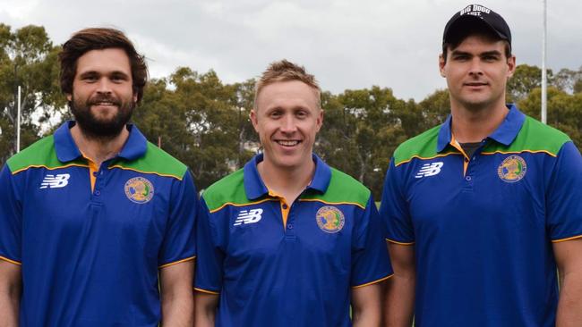 New Golden Grove coach Luke Barmby (middle) with star recruits and Norwood premiership players Cam Shenton (left) and Lewis Johnston (right). Picture: Golden Grove Football Club