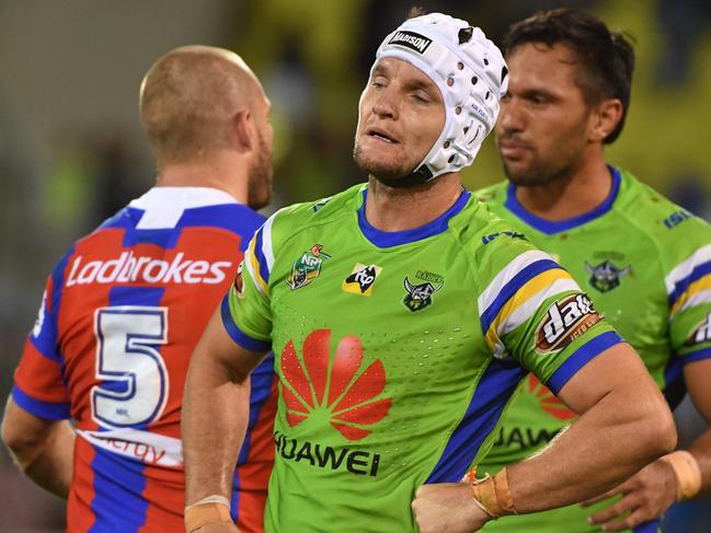 Raiders Jarrod Croker looks on at the end of the match during the Round 2 NRL match between the Canberra Raiders and the Newcastle Knights at GIO Stadium in Canberra, Sunday, March 18, 2018. (AAP Image/Mick Tsikas) NO ARCHIVING, EDITORIAL USE ONLY