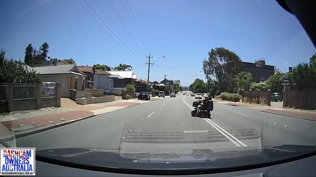 An older woman on a mobility scooter collided with a car on a busy Perth motorway. Picture: Facebook/ Dashcam Owners Australia