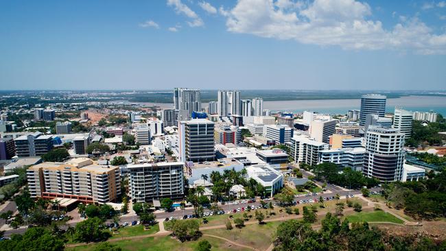 Aerial photo looking over The Esplanade at the Darwin city skyline.