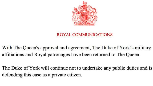 The official statement from Buckingham Palace announcing that Prince Andrew has been striped of his Military and Royal titles Picture Twitter