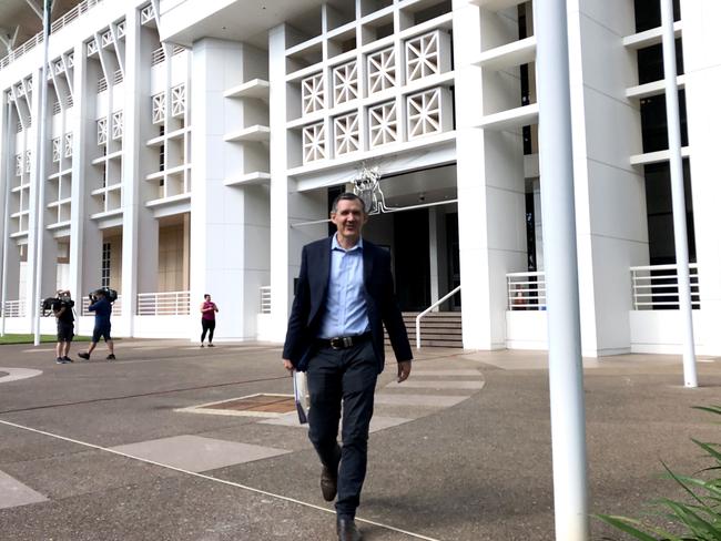 Chief Minister Michael Gunner walking to a National Cabinet hook-up. Picture: Madura McCormack