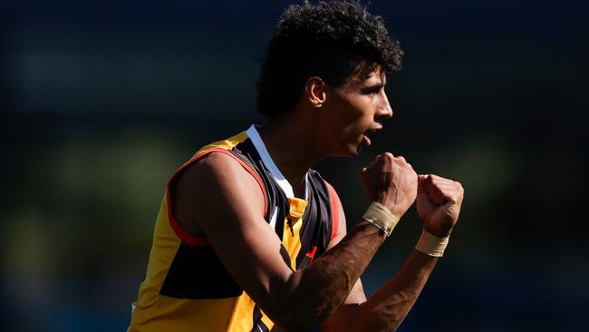 MELBOURNE, AUSTRALIA - APRIL 10: Sam Latreille of the Stingrays celebrates a goal during the 2022 NAB League Boys match between the Dandenong Stingrays and the Brisbane Lions at Ikon Park on April 10, 2022 in Melbourne, Australia. (Photo by Michael Willson/AFL Photos via Getty Images)