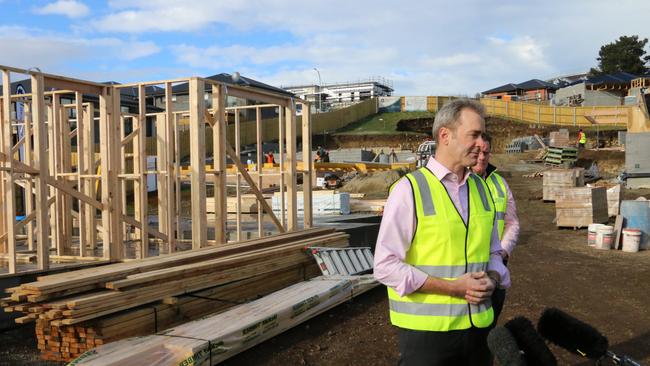 Minister for State Development, Construction and Housing Michael Ferguson speaks to the media at a construction site at Howrah, Tasmania on Wednesday, July 28, 2021.