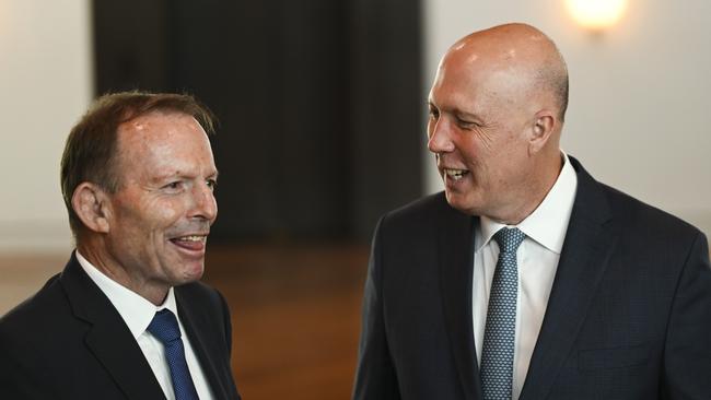 Tony Abbott and Peter Dutton at Parliament House in Canberra. Picture: NCA NewsWire / Martin Ollman