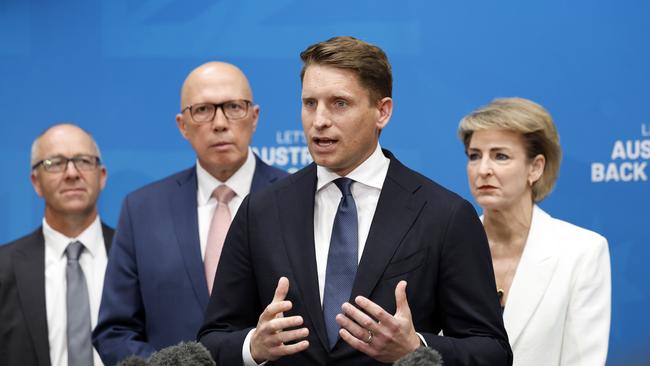 Opposition defence spokesman Andrew Hastie at the Coalition’s defence policy launch with Peter Dutton, Liberal senator Michaelia Cash and Liberal candidate for Swan Mic Fels. Picture: Richard Dobson / NewsWire