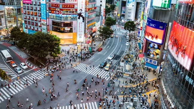 Elevated view of famous Shibuya pedestrian crossing, Tokyo, Japan.
