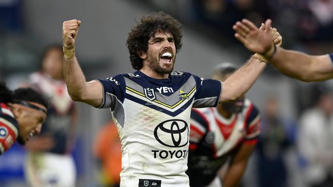 Jake Granville of the Cowboys celebrates the R13 win against the Roosters.Picture: NRL Photos/Gregg Porteous