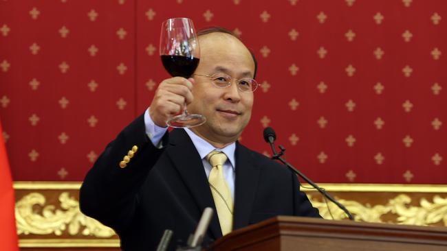 Chinese Ambassador Xiao Qian makes a toast with a glass of red wine. Picture:NCA NewsWire/Gary Ramage