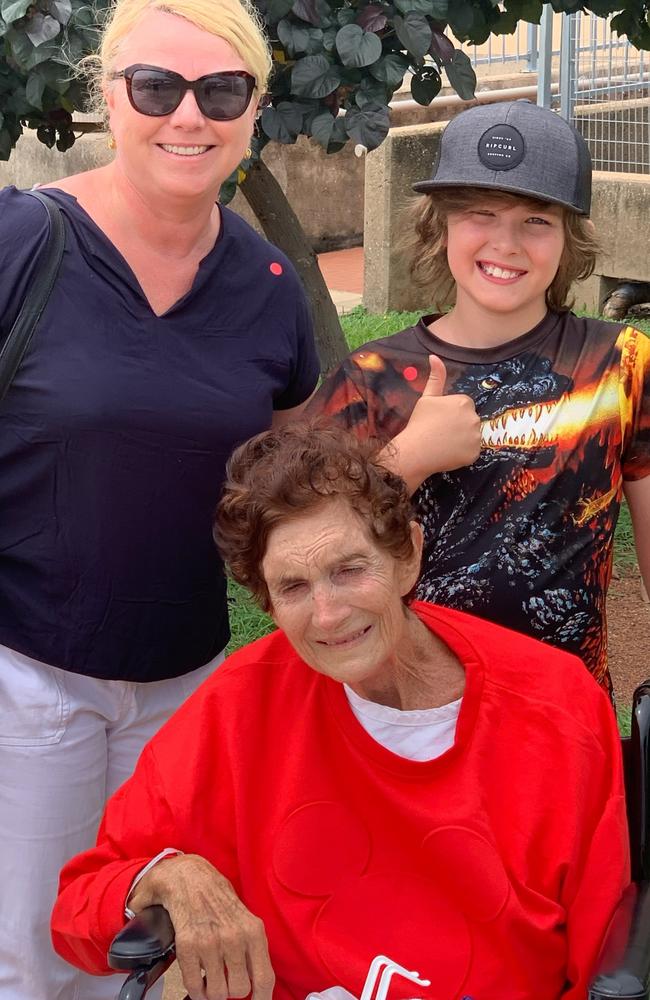 Bellamack woman Maggie Grave, 76, with daughter Liz Howlett and grandson Chilli. Picture: Supplied