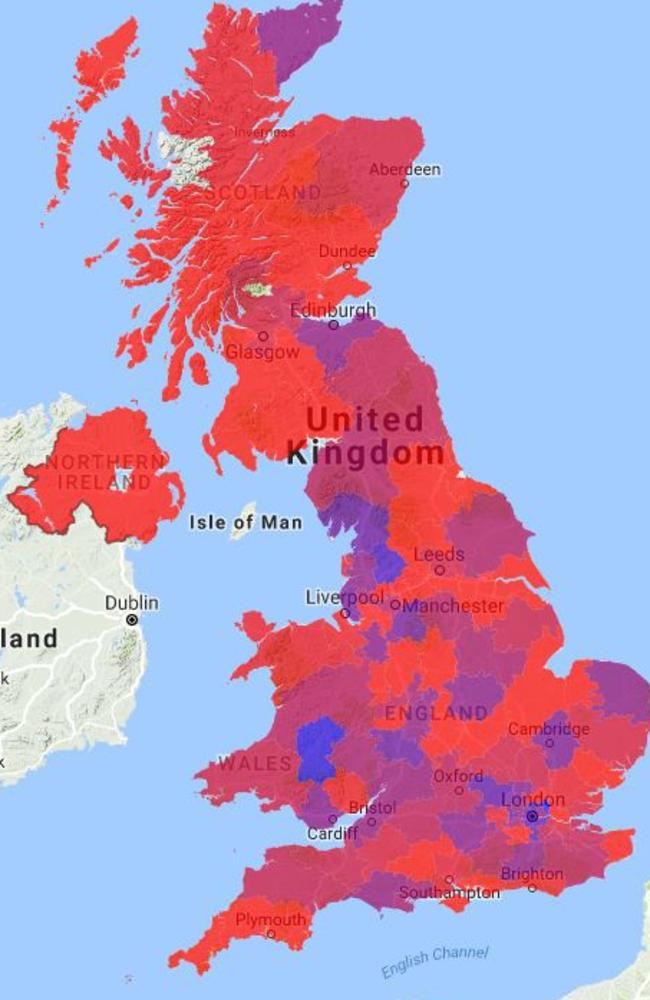 A flu map of the UK has only four local authorities (in bright blue) not afflicted by  flu. Picture: Flusurvey.