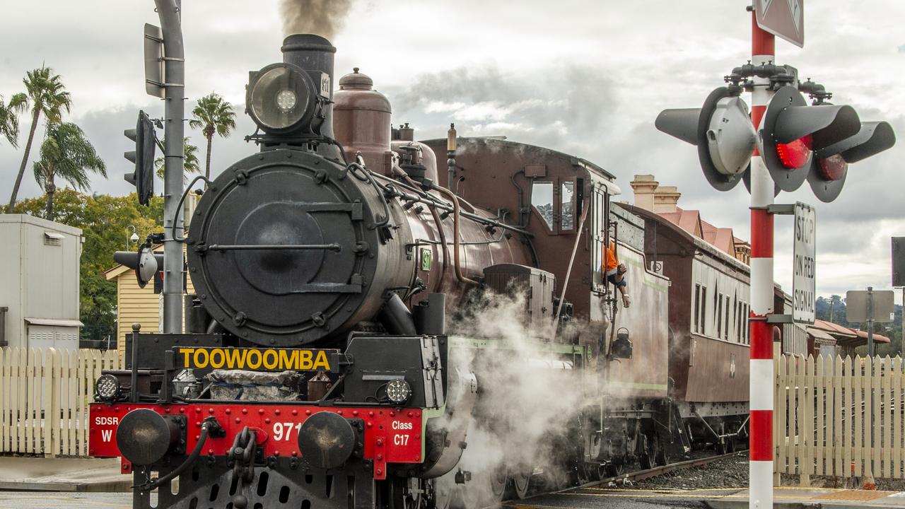 The Downs Explorer operated by the Southern Downs Steam Railway took passengers on return trips to Wyreema. Saturday, June 26, 2021. Picture: Nev Madsen.