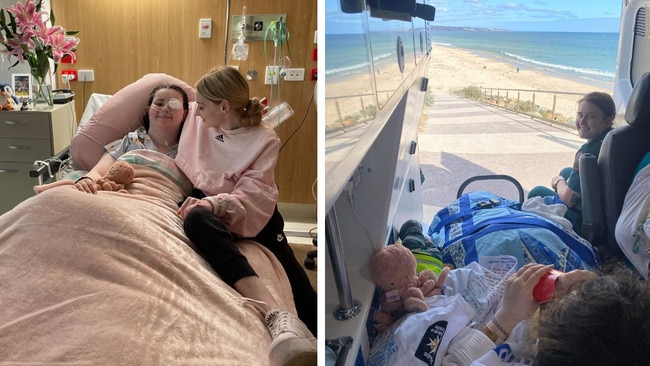 Lily in hospice in Flinders Medical Centre, with friend Annaliese Holland, and right, in the back of an ambulance with Danike Pederzolli during a day out at the beach.