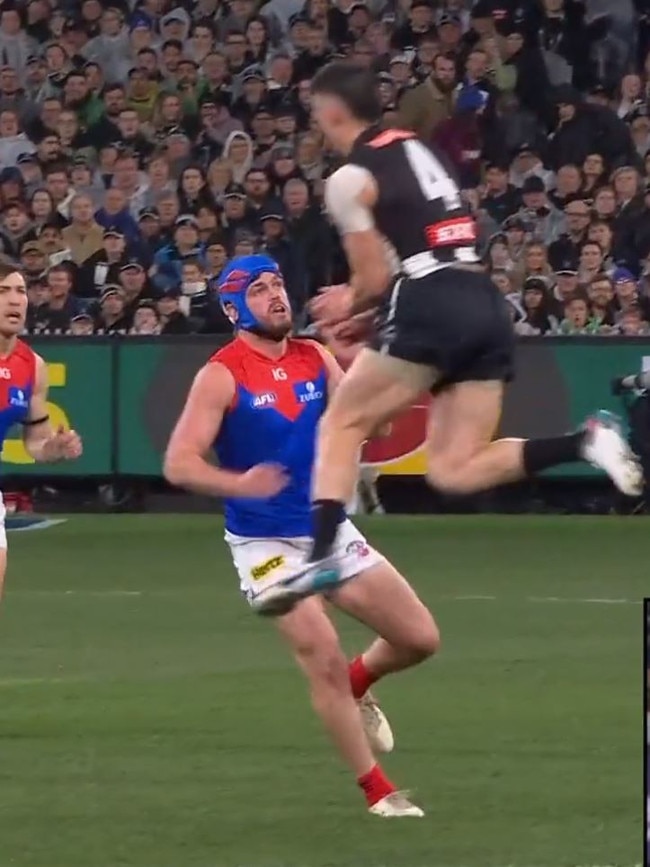 Angus Brayshaw of the Demons is collected by Brayden Maynard. Pic: Fox Sports