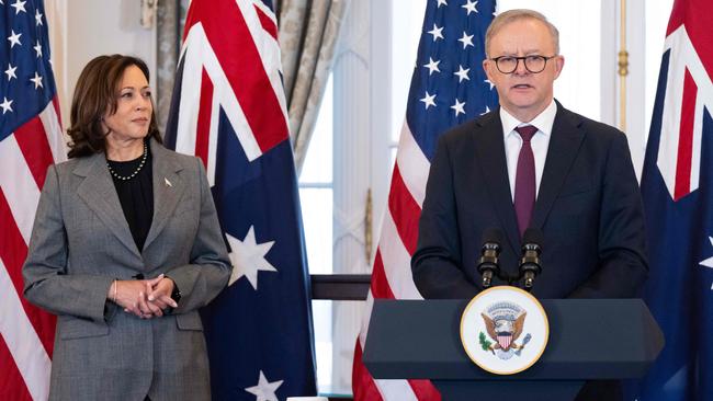 Anthony Albanese with Kamala Harris in Washington last year. Picture: AFP