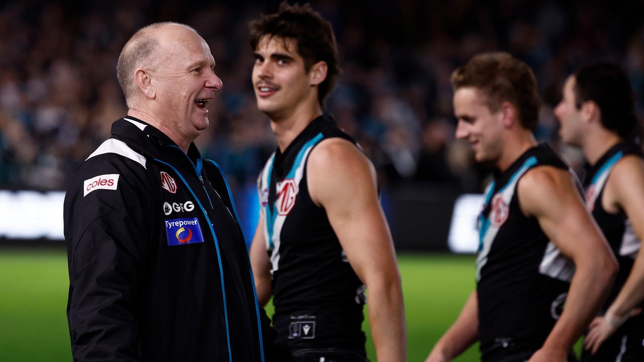 Ken Hinkley delivers that spray after the Power sent Hawthorn home with nothing. Picture: Michael Willson/AFL Photos via Getty Images