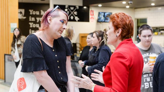 Pauline Hanson talks transgender issues with Rebecca Hammond during a walk around at Woolworths Elizabeth Shopping centre. Picture: NCA NewsWire / Brenton Edwards