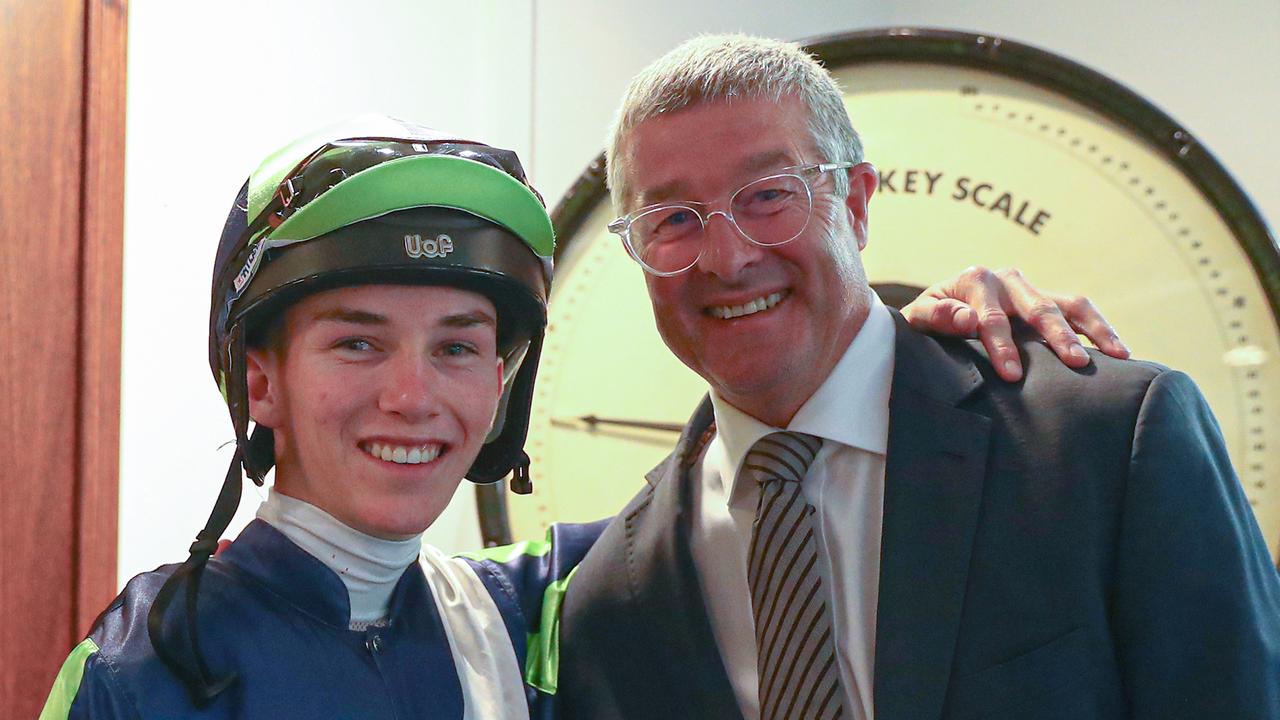 Zac Lloyd walked the Moonee Valley track with mentor and former jockey Darren Beadman to prepare for the Cox Plate. Picture: Jeremy Ng/Getty Images