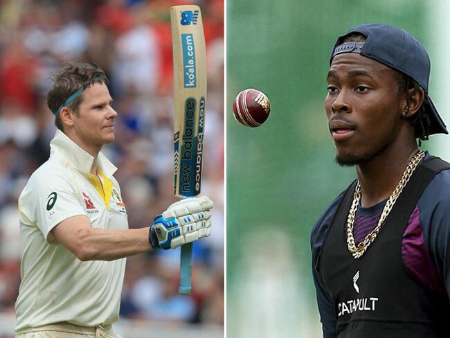 English hopes hang on fast bolwer Jofra Archer, right, to blunt the batting brilliance of Australia's Steve Smith, left. Pictures: Getty