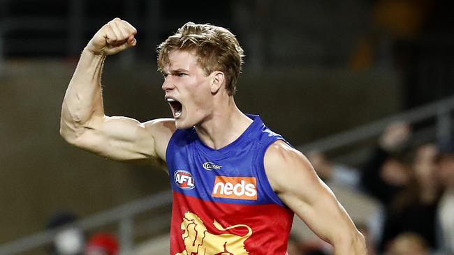 Sam Skinner celebrates after kicking a goal. Picture: Getty Images