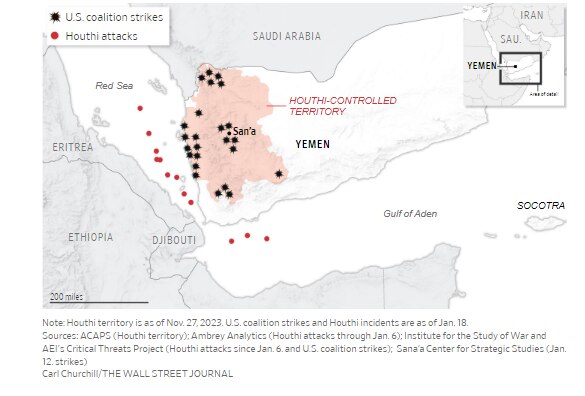 Strikes and counter strikes in the Red Sea. Picture: The Wall Street Journal