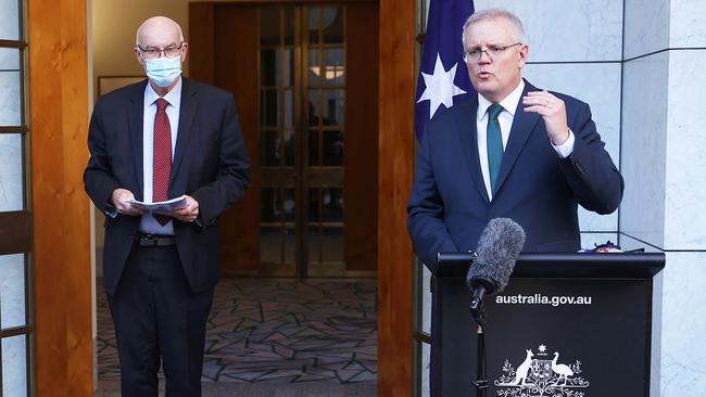 Prime Minister Scott Morrison and TGA chief Professor John Skerritt during a press conference at Australian Parliament House, Canberra. The PM announced that the Moderna vaccine will come onto the market from September. Picture: AFP Picture: NCA NewsWire / Gary Ramage