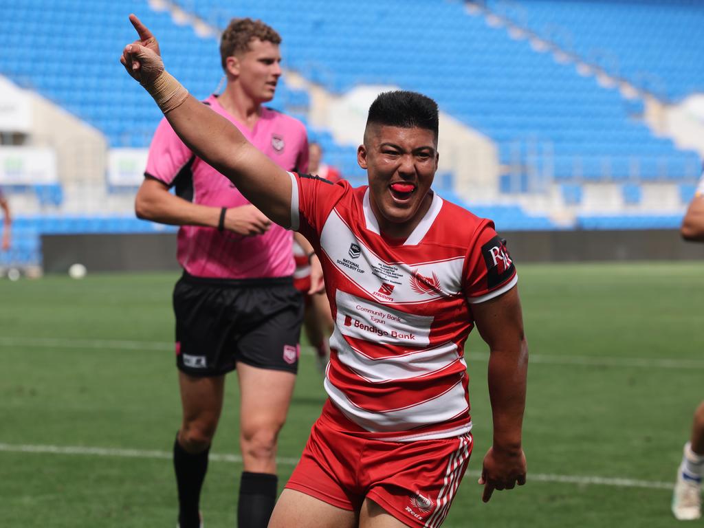 NRL National Schoolboys Cup final at CBUS Stadium between Palm Beach Currumbin and Patrician Blacktown Brothers. PBCs Reuben Tamariki scores.. Picture Glenn Hampson