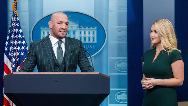 Irish professional mixed martial artist and businessman Conor McGregor speaks from the White House briefing room podium with White House Press Secretary Karoline Leavitt. Picture: AFP