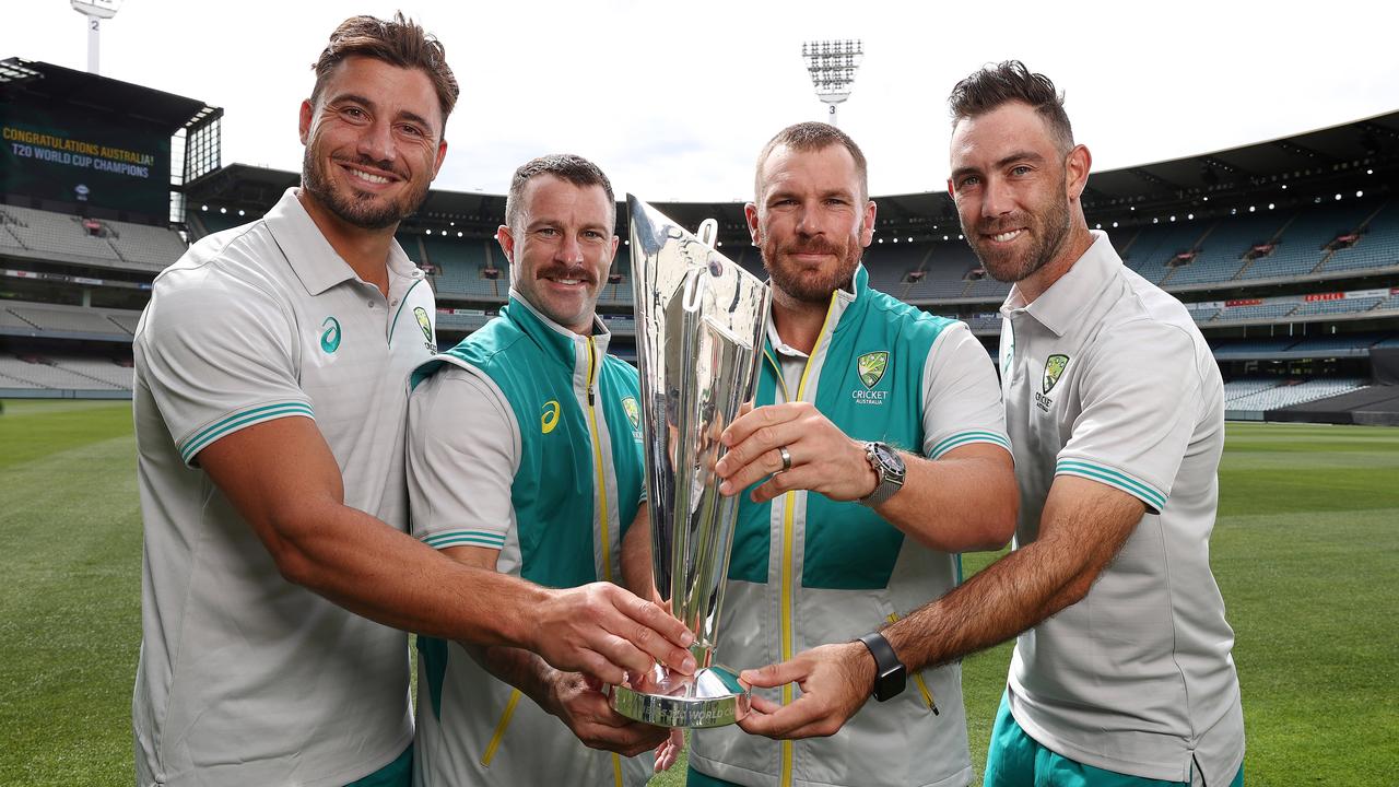 Members of the victorious mens T20 World Cup cricket team Marcus Stoinis, Matthew Wade, captain Aaron Finch and Glenn Maxwell at the MCG. Picture: Michael Klein