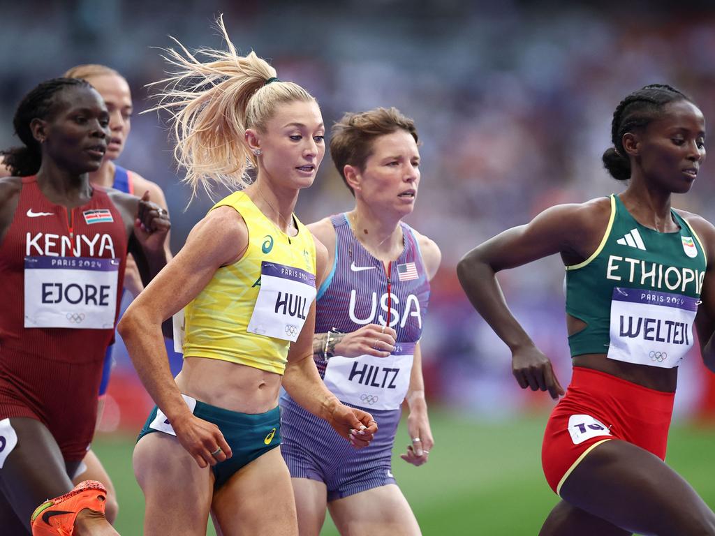 Kenya's Susan Lokayo Ejore, Australia's Jessica Hull, USA’s Nikki Hiltz and Ethiopia's Diribe Welteji compete in the women's 1500m semi-final at Stade de France on August 8. Picture: Anne-Christine Poujoulat/AFP